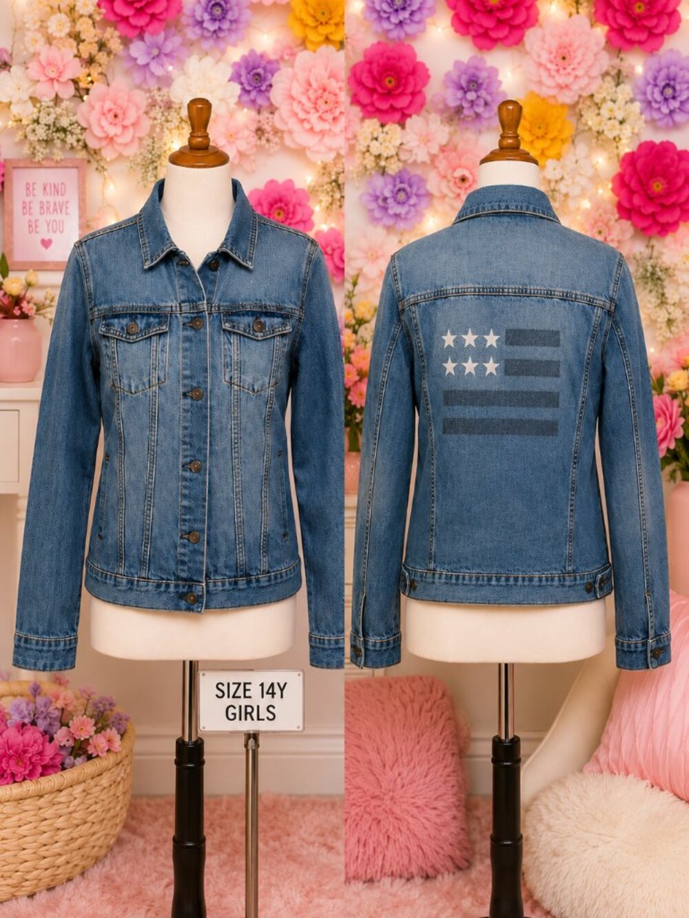 Girls Size 14 Denim Jean Jacket American Flag Stars 100% Cotton